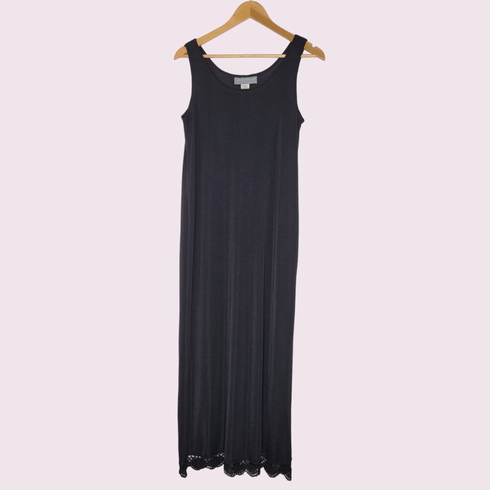 CAROL ANDERSON Black Slinky Maxi Dress Lace Hem Size L Back Slit 90s Sleeveless